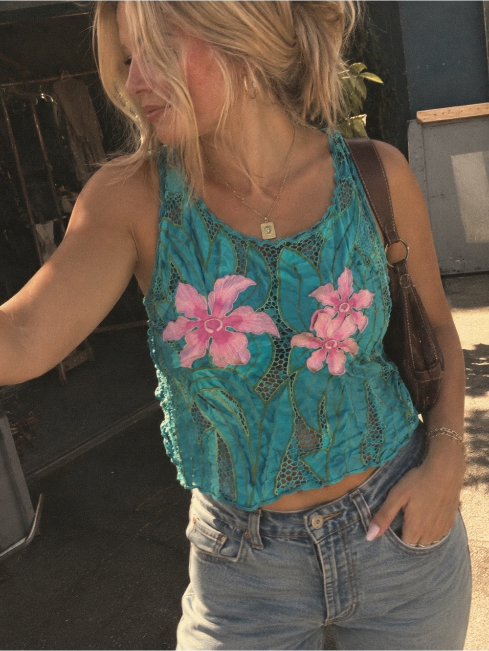 Palm Turquoise Vintage 70s Floral Appliqué Cropped Women's Top Size M